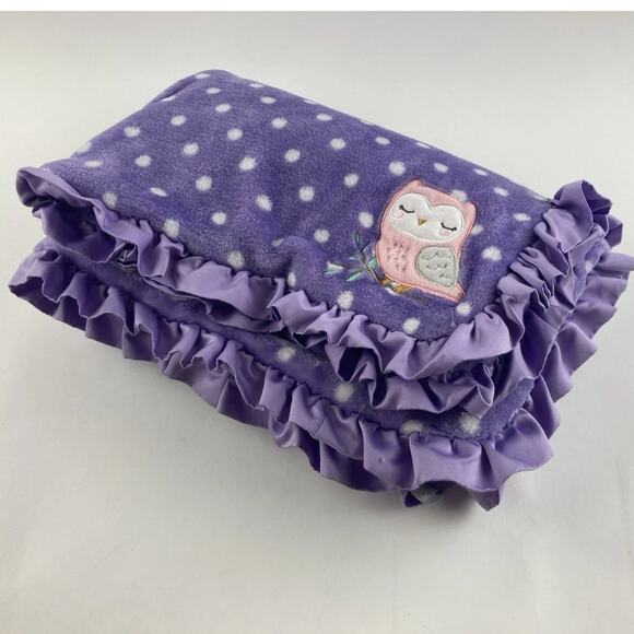 HTF Carters Purple white polkadot Pink Owl blanket satin ruffle edge Plush Thick - Picture 3 of 10